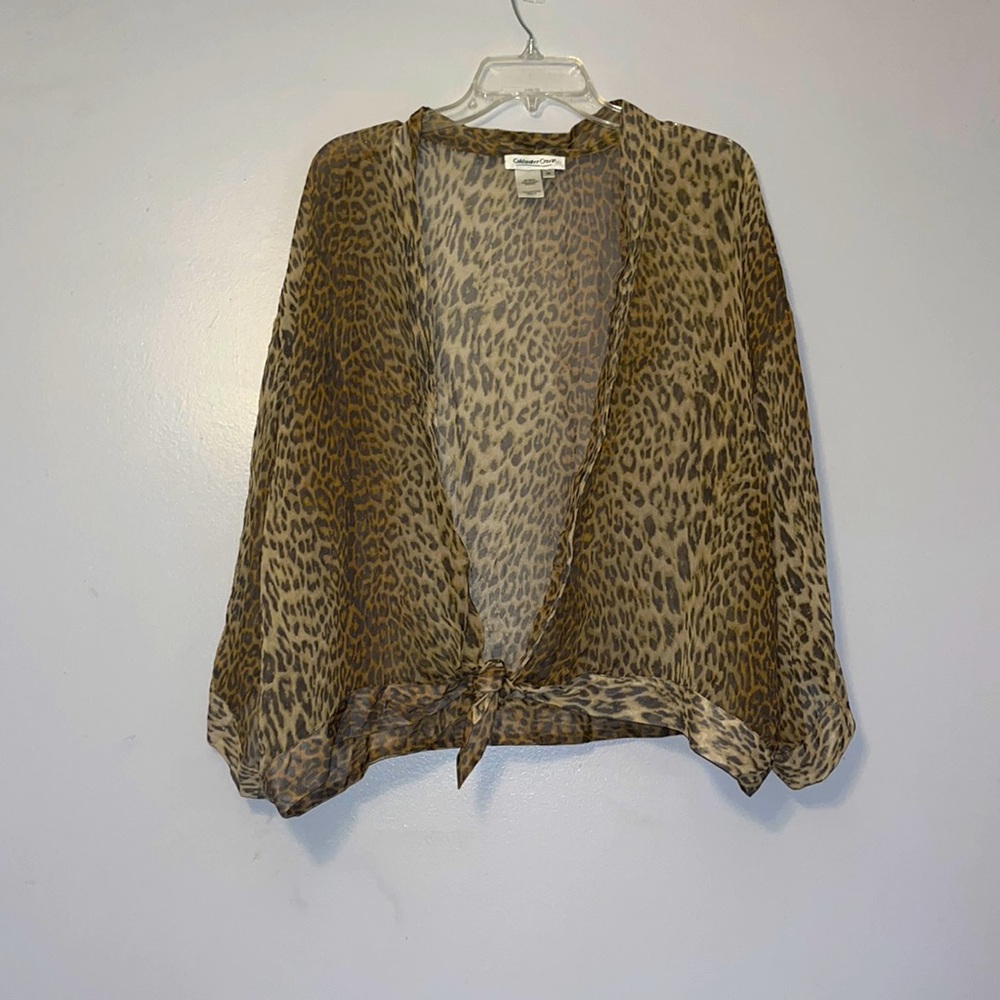 COPY - Coldwater Creek Silk Front Tie Open Front Animal Print Cardigan